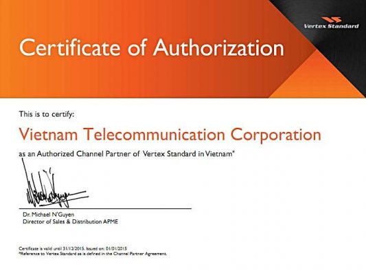 Chứng nhận đối tác phân phối bộ đàm Vertex Standard chính hãng tại Việt Nam của Vietnam Telecom