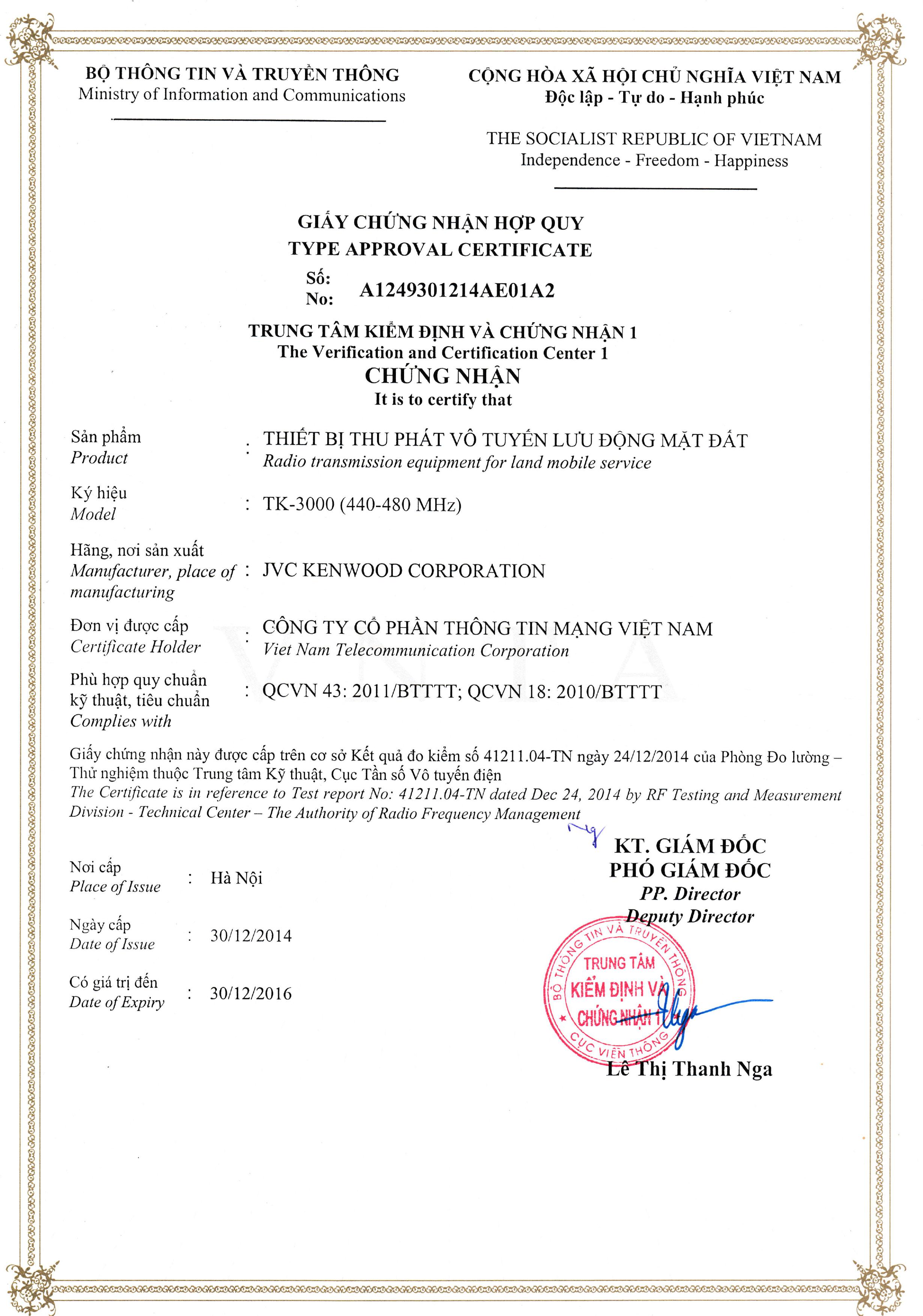 Chứng nhận hợp quy bộ đàm Kenwood TK3000 của Vietnam Telecom